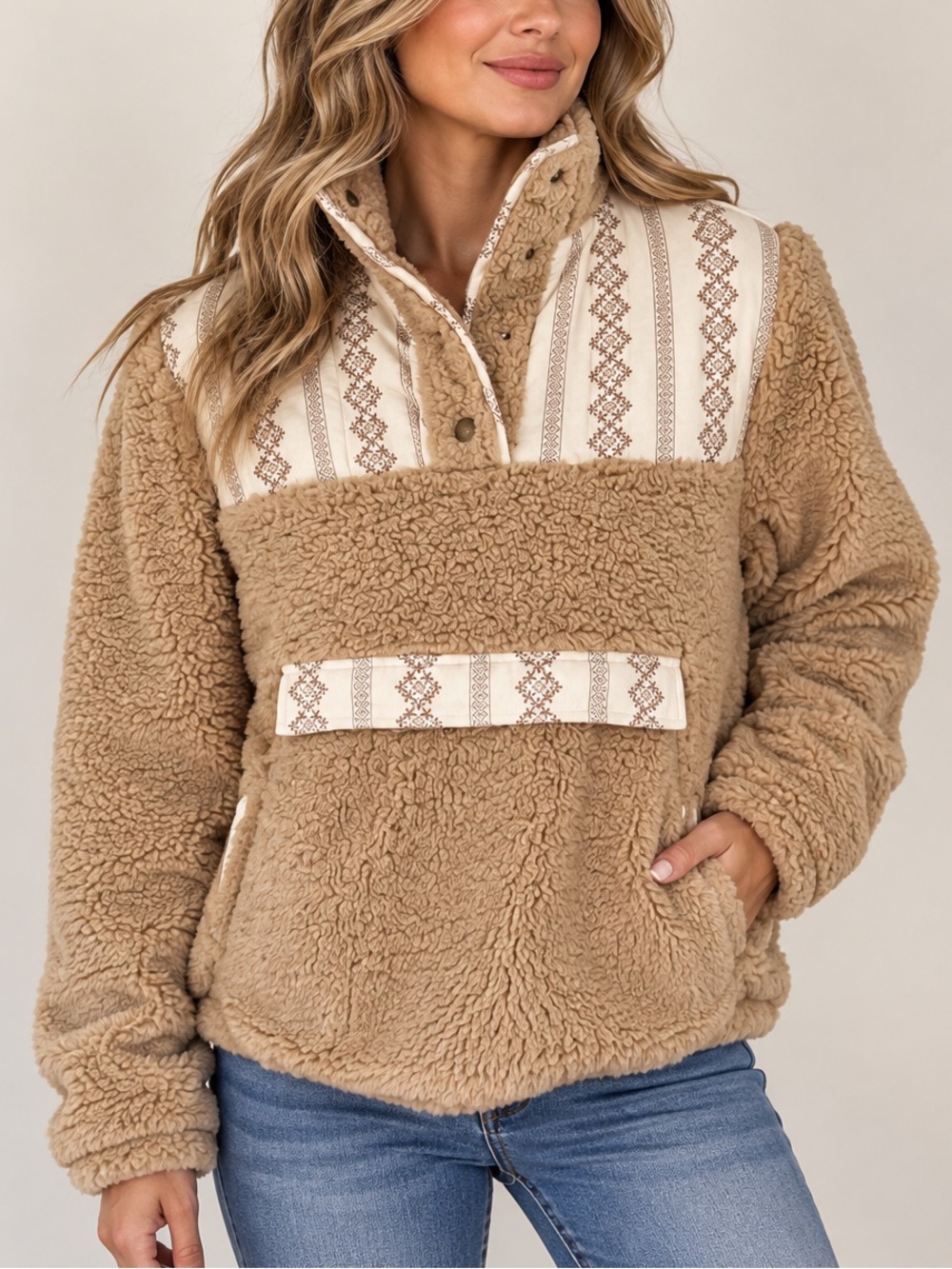 Driftwood Tan Sherpa Teddy Pullover Jacket Patterned Yoke Funnel Neck Size L